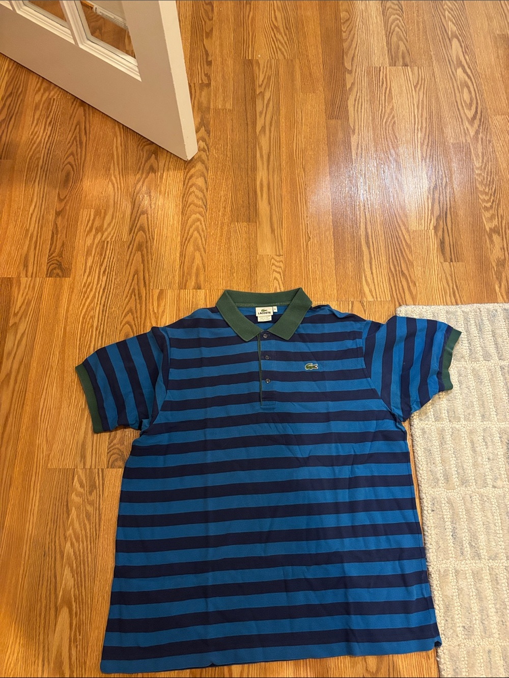 Lacoste Mens Navy & Royal Blue Striped Polo with Green Trim